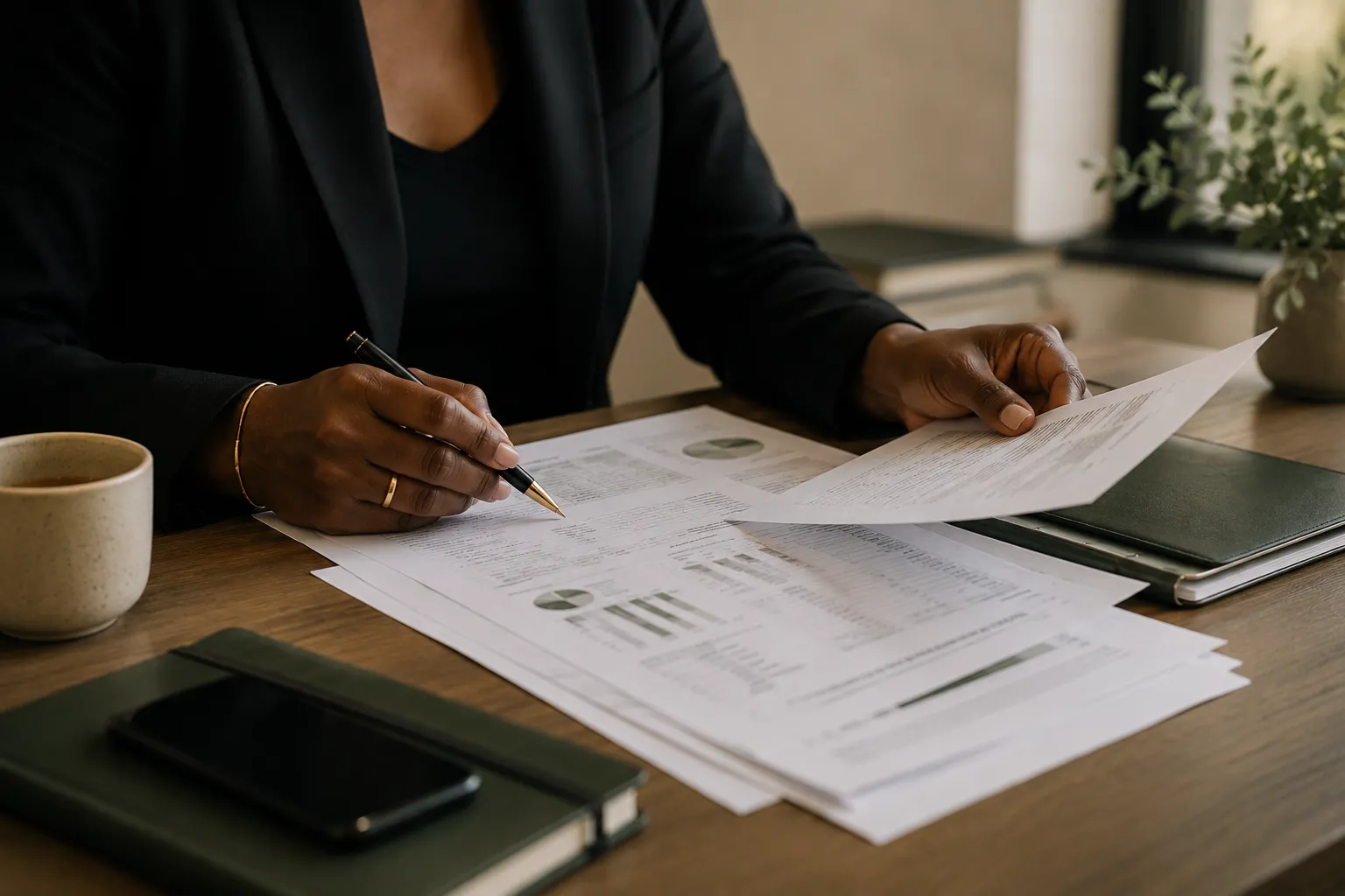An attorney at a desk reviewing printed account statements, pen in hand