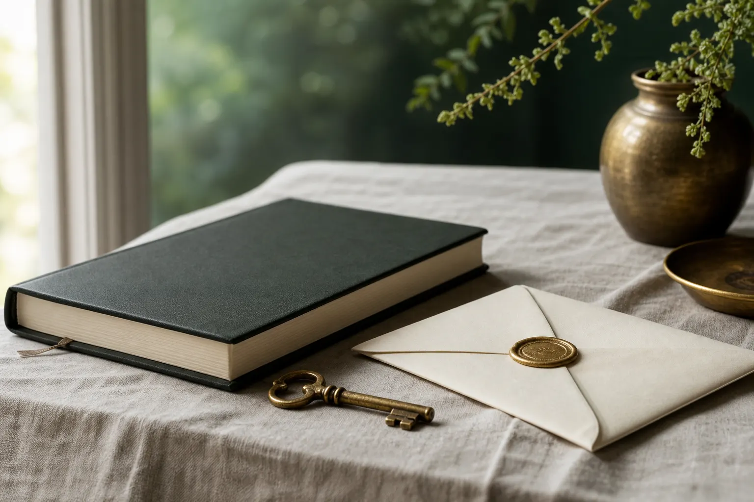A notebook, brass key, and sealed letter on linen by a window