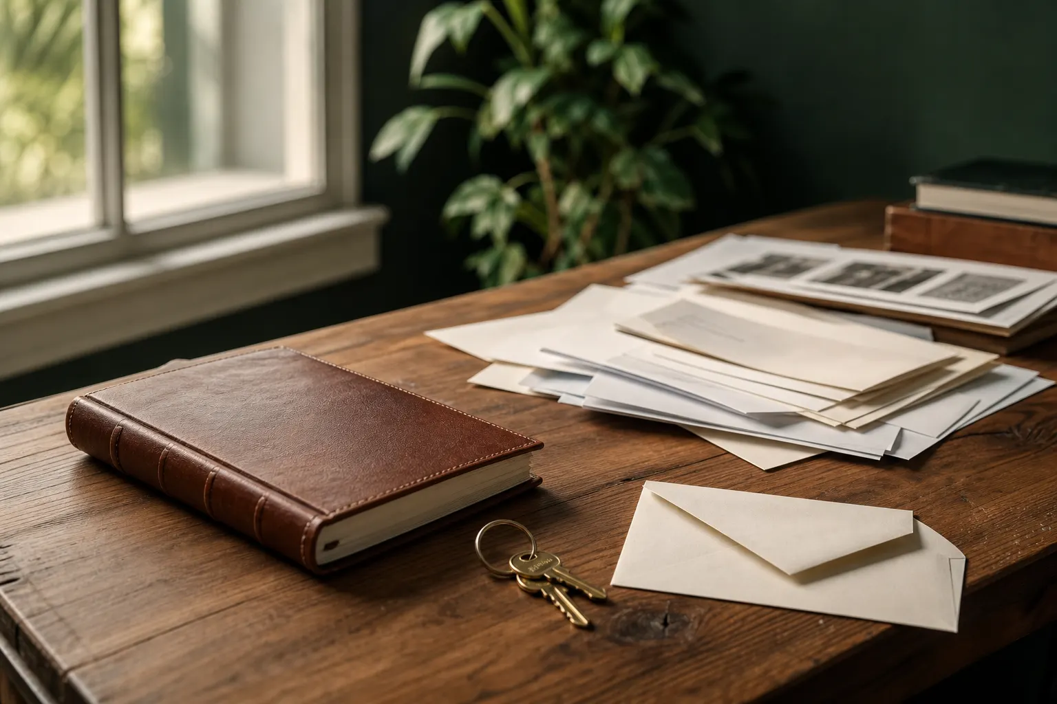 Papers, a journal, and keys on a wooden desk