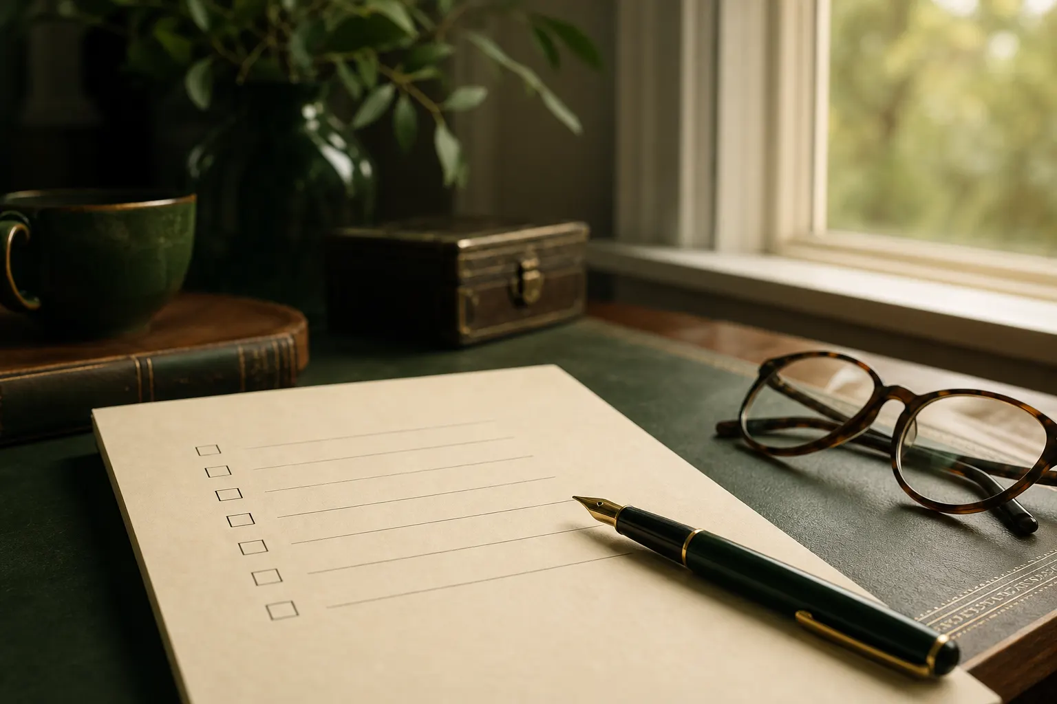 A checklist, fountain pen, and glasses on a desk by a window