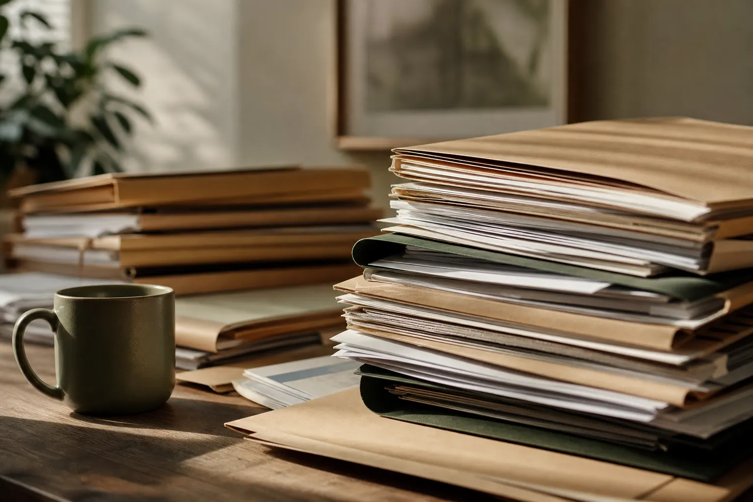 Folders and envelopes stacked on a table with a ceramic mug