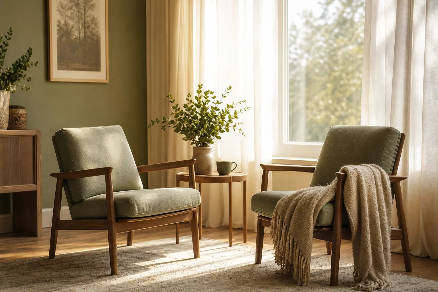 Two empty chairs by a sunlit window with soft curtains