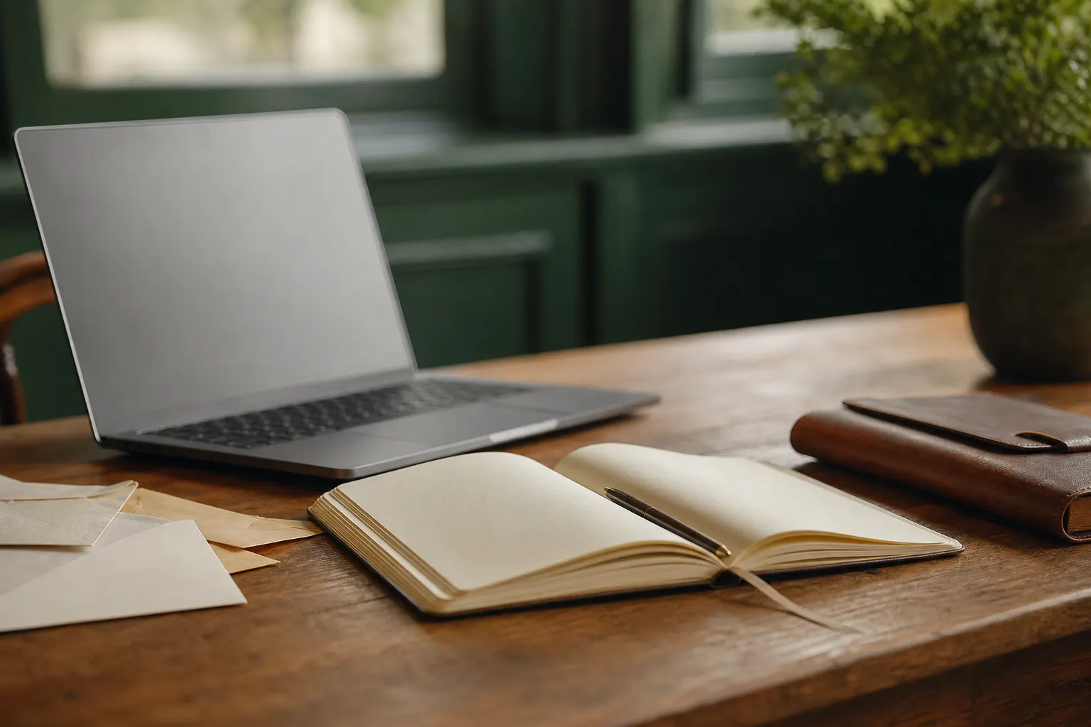 A laptop and notebook on a wooden desk beside envelopes