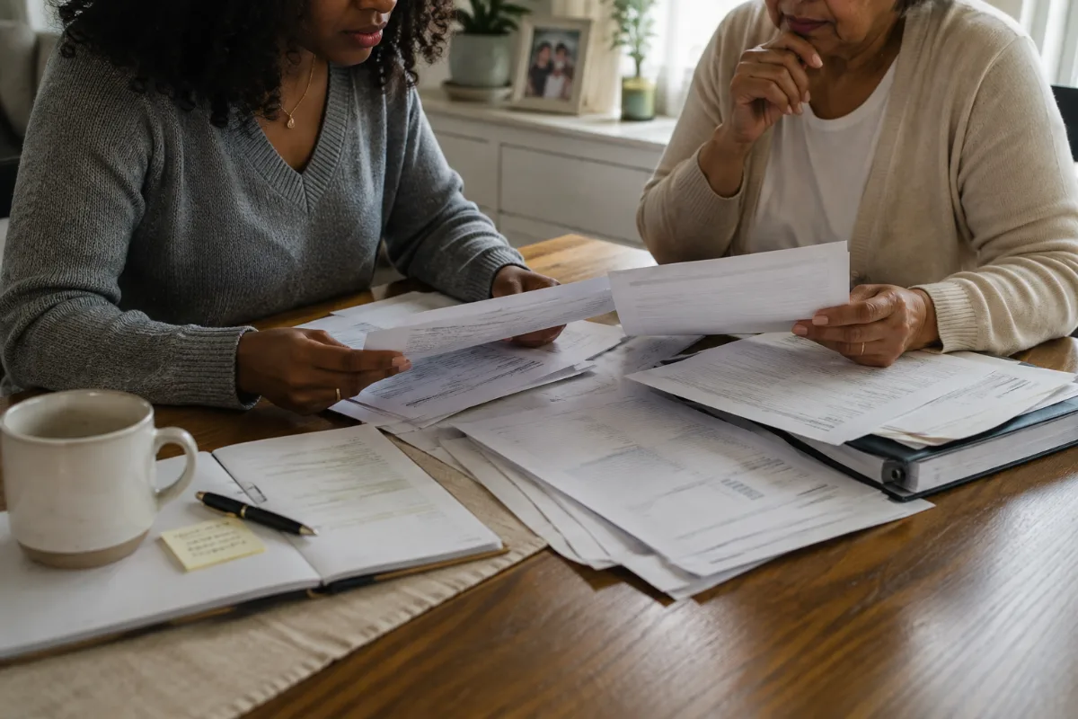 Two women at a dining table reading through a spread of paperwork together